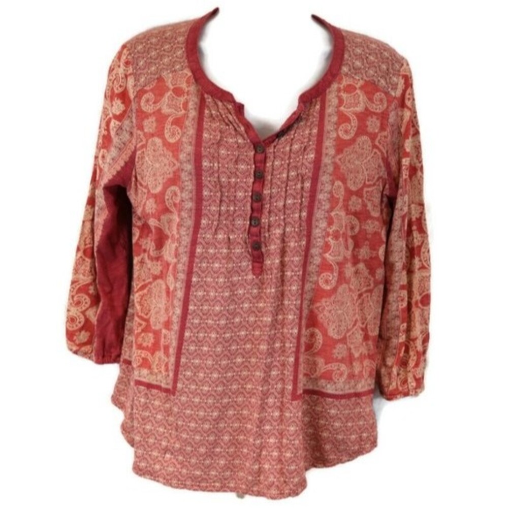 Lucky Brand Orange Fall Boho Layered Look Top Small Lightweight Colorful Print